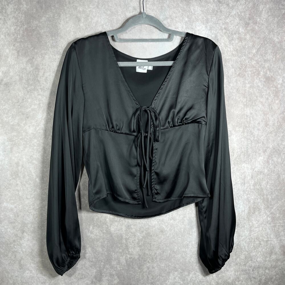Princess Polly Blouse Womens Size 8 Black Satin Tie Front Long Sleeves V-Neck